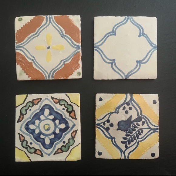 Mexican Hand Painted Terra-Cotta Talavera Vintage Tiles Set of 4 - Picture 1 of 10